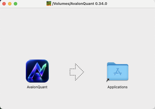 Drag AvalonQuant onto the Applications folder in the dmg window (actual screen).